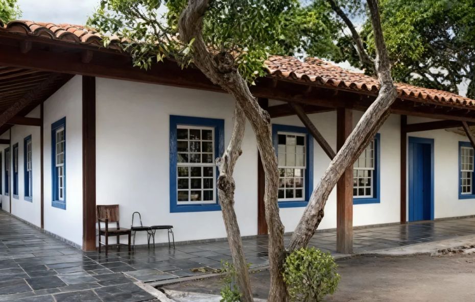 Fachada de uma construção em estilo colonial com paredes brancas e janelas de moldura azul. O prédio possui telhado de barro aparente apoiado em colunas de madeira sobre uma varanda de pedra escura. Há árvores de troncos retorcidos em frente à varanda e algumas cadeiras de madeira encostadas na parede externa.