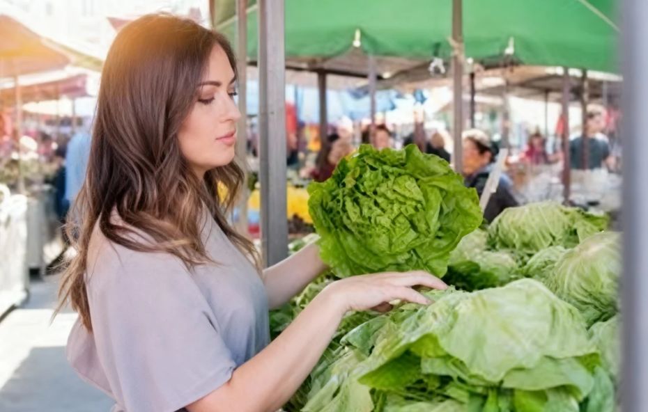 Mulher jovem de cabelos castanhos observa atentamente um pé de alface verde e volumoso em uma banca de feira livre, com toldos verdes ao fundo.