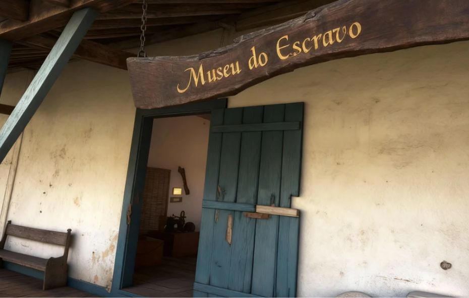 Fotografia da entrada de um edifício histórico com paredes em tom ocre. Uma placa de madeira rústica com a inscrição Museu do Escravo em letras douradas está suspensa sobre uma porta verde aberta. O interior do ambiente revela móveis de madeira e objetos antigos que compõem o acervo.
