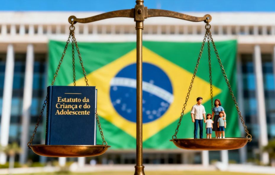 Uma balança de metal dourado posicionada ao ar livre com o livro do Estatuto da Criança e do Adolescente em um prato e pequenas figuras representando uma família no outro prato sob o fundo do Congresso Nacional e a bandeira do Brasil.