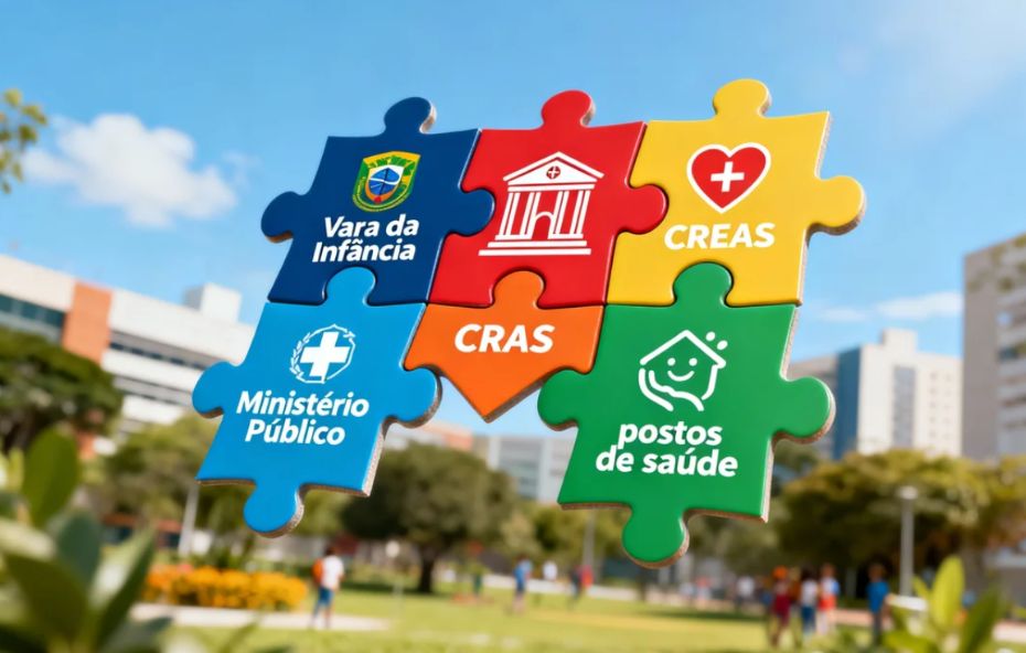 Uma balança de metal dourado posicionada sobre uma superfície branca com o livro do Estatuto da Criança e do Adolescente em um prato e pequenas figuras representando uma família no outro prato sob o fundo do Congresso Nacional e a bandeira do Brasil.