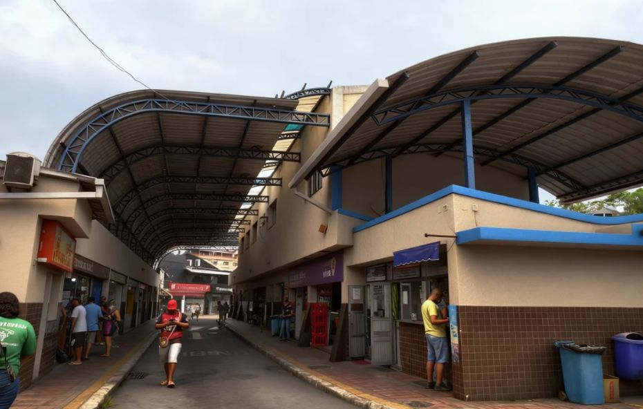 Fotografia da área interna da Rodoviária de Barra do Piraí mostrando o corredor central com cobertura metálica em arco, guichês de atendimento nas laterais e passageiros caminhando pelo terminal em um dia claro.