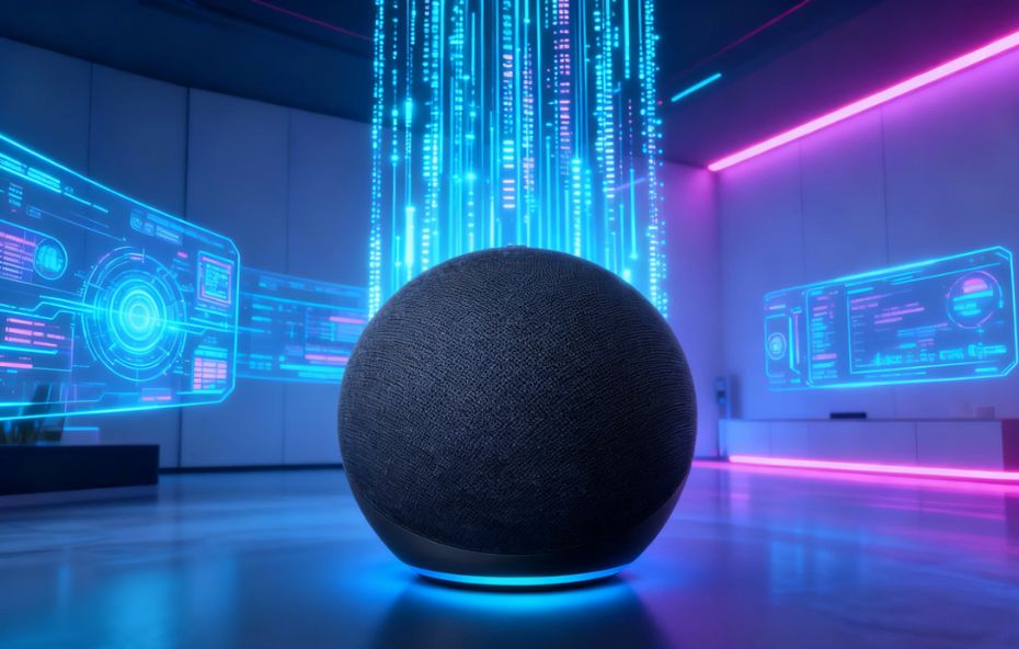 Um smart speaker Echo Dot preto posicionado no centro de um cenário tecnológico com hologramas azuis e luzes neon roxas representando o processamento de dados da Alexa.