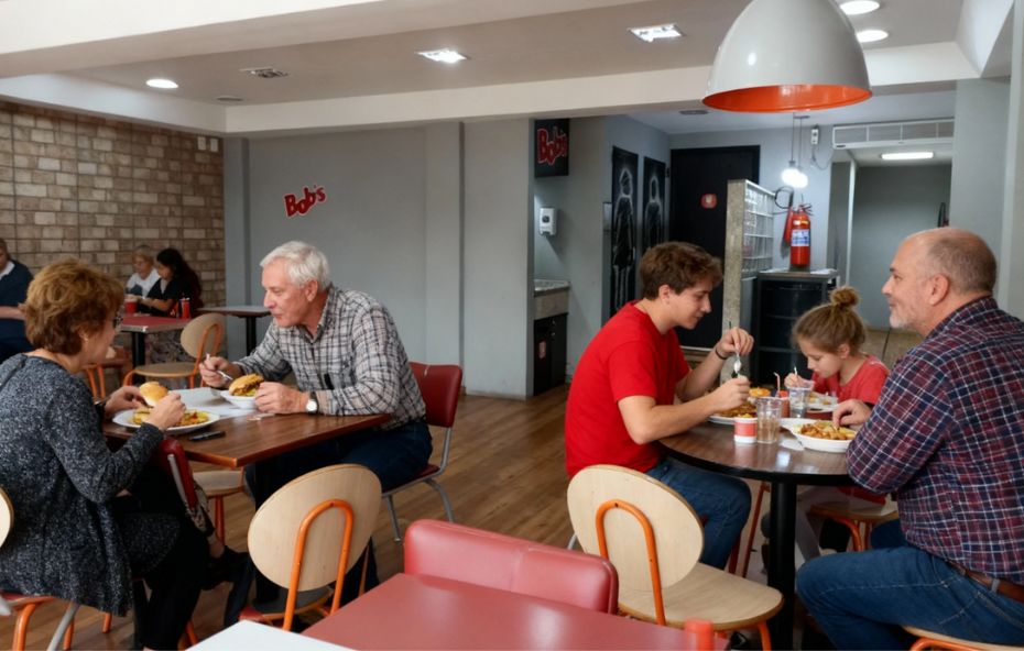 Pessoas sentadas em mesas de madeira consumindo hambúrgueres e batatas fritas dentro da lanchonete Bob's em Barra do Piraí, com decoração moderna e ar-condicionado.