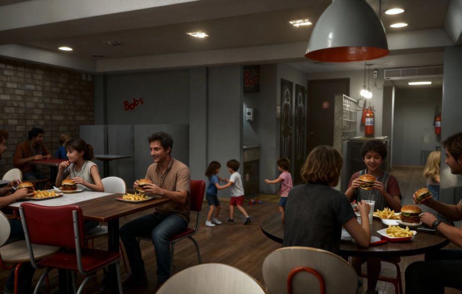 Pessoas adultas e crianças em um salão de lanchonete com mesas de madeira e cadeiras vermelhas, apresentando uma parede de tijolos aparentes, iluminação embutida no teto e crianças brincando ao fundo em um espaço amplo.