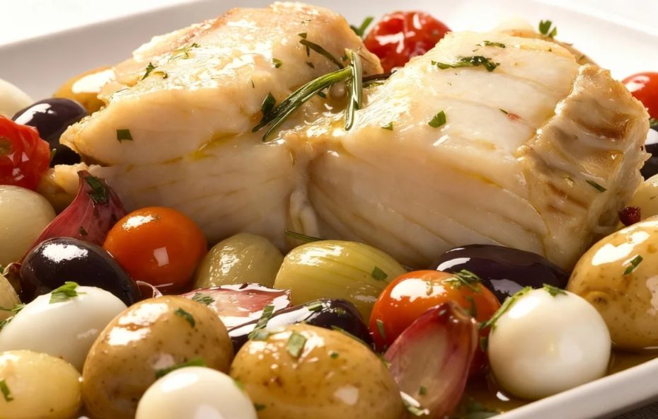 Lombo de bacalhau suculento servido com batatas douradas, azeitonas pretas, tomates cereja e ervas frescas em um prato branco iluminado.