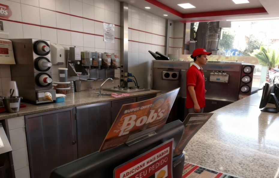 Área interna do Bob's com balcão de granito claro em primeiro plano, atendente com uniforme vermelho e boné posicionado ao lado de máquinas de sorvete de casquinha e shakes, com displays promocionais de ofertas voltados para o cliente.
