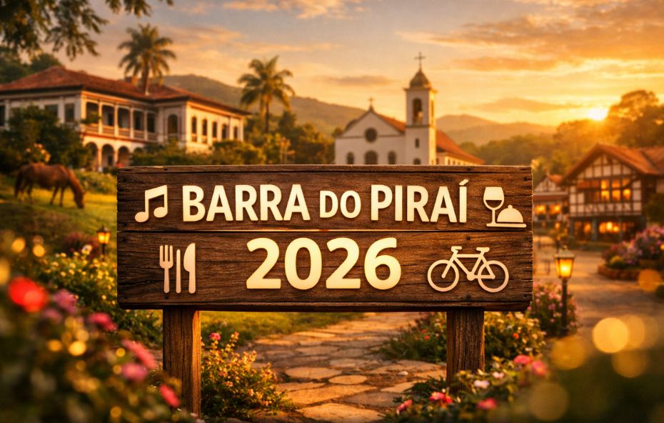 Imagem de Barra do Piraí ao pôr do sol, com uma placa de madeira escrita Barra do Piraí 2026, em frente a construções históricas, igreja, natureza e cenário acolhedor que representa turismo, cultura, gastronomia e lazer.