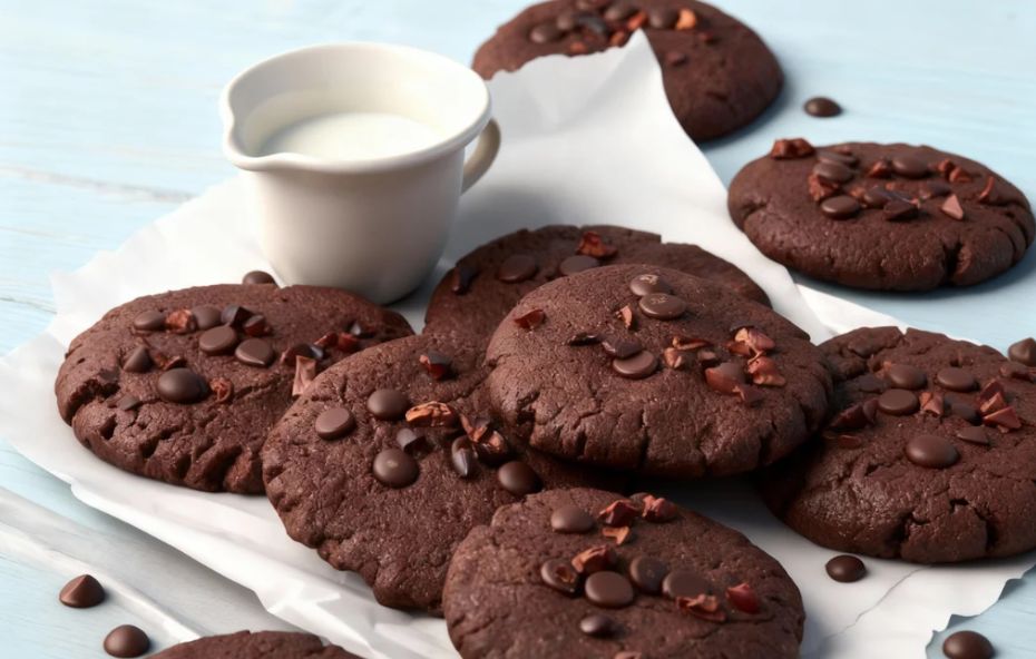 Vários biscoitos de chocolate redondos e achatados, decorados com gotas de cacau, sobre um papel manteiga branco, ao lado de uma pequena jarra de leite, em uma superfície de madeira azul clara.