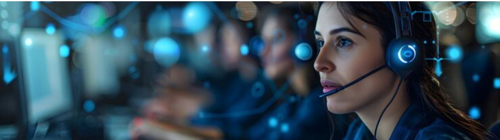 Mulher com fone de ouvido e microfone em um ambiente de atendimento tecnológico com luzes azuis ao fundo.