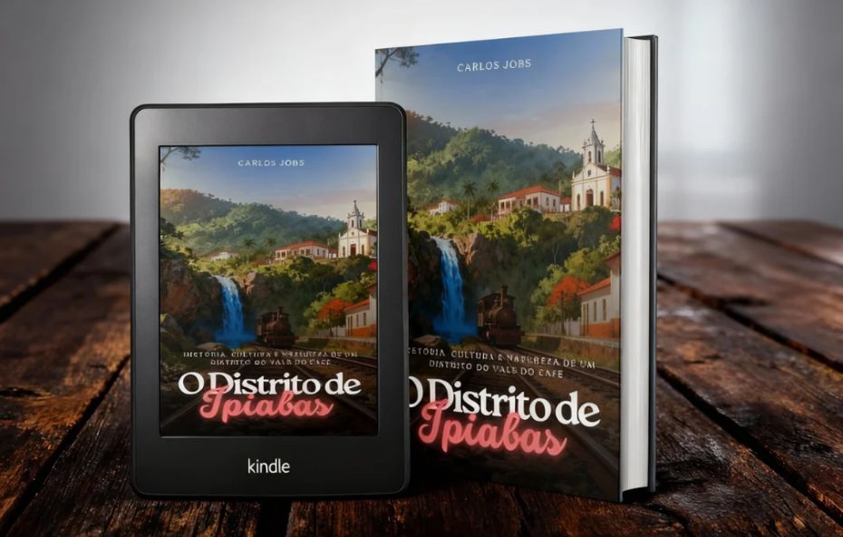 Capa do livro escrito por Carlos N. Bento, conhecido como Carlos Jobs, exibindo o título Ipiabas: História, Cultura e Natureza de um Distrito do Vale do Café. A imagem apresenta elementos que remetem ao patrimônio histórico e ambiental de Barra do Piraí.