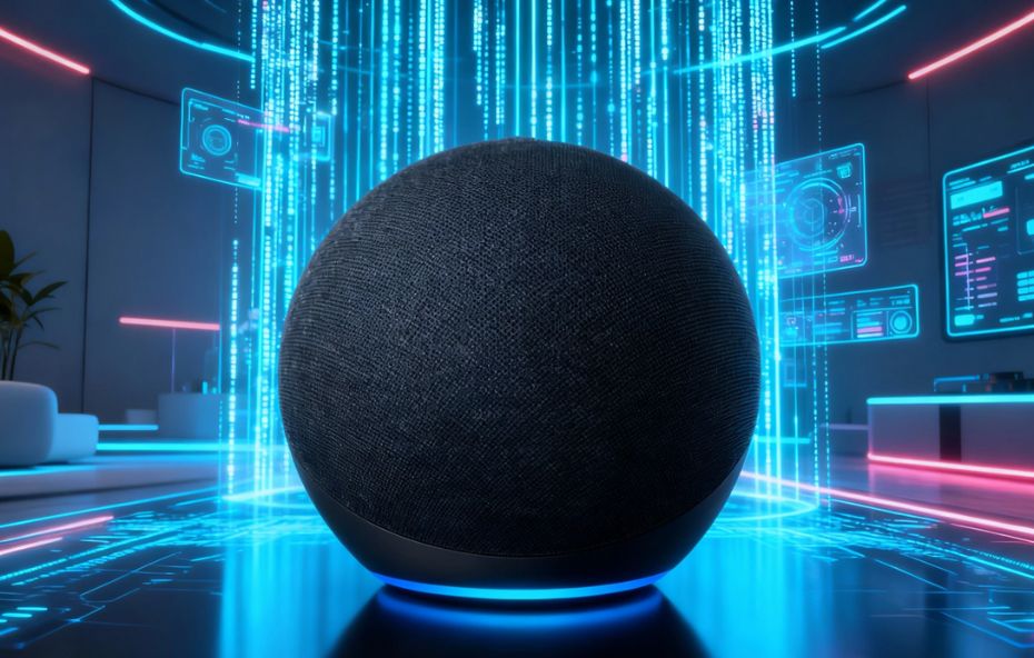 Um dispositivo Echo Dot de cor preta em formato esférico centralizado em uma sala moderna com efeitos digitais de luz azul e hologramas tecnológicos ao redor simulando o funcionamento da Alexa.
