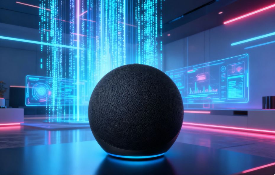 Um smart speaker Echo Dot esférico na cor preta centralizado em um escritório futurista com colunas de dados binários em azul brilhante e painéis holográficos de monitoramento ao fundo.