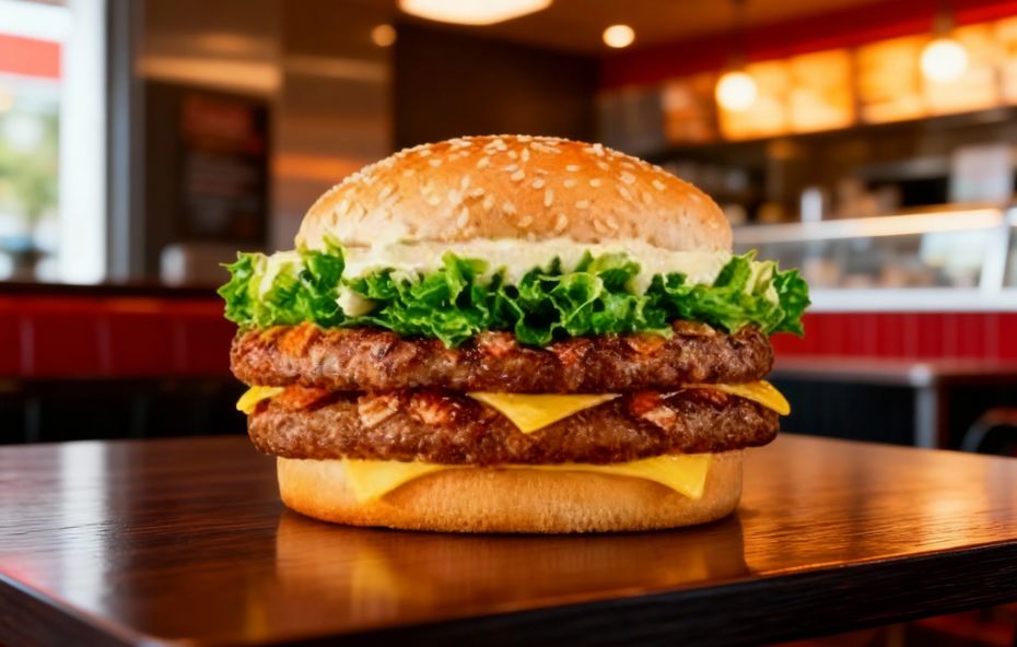Fotografia em close de um hambúrguer Bob's Classic Duplo sobre uma mesa de madeira escura, apresentando dois hambúrgueres bovinos, fatias de queijo derretido, alface crespa abundante e molho claro em pão de gergelim, com o interior de uma lanchonete desfocado ao fundo.