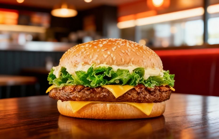 Hambúrguer Bob's Classic em close sobre uma mesa de madeira escura, contendo pão de gergelim, alface crespa verde, molho classic, cebola chapeada e duas fatias de queijo derretido, em um ambiente de lanchonete iluminado ao fundo.