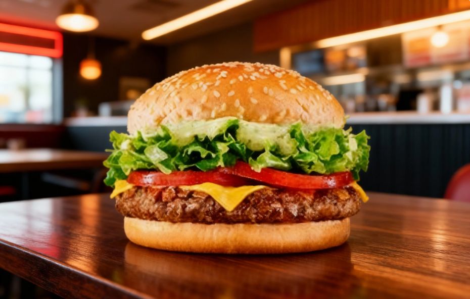 Hambúrguer Bob's Salad posicionado sobre mesa de madeira com pão de gergelim, alface crespa, fatias de tomate, queijo derretido, carne bovina grelhada, cebola chapeada e maionese verde em ambiente de restaurante.