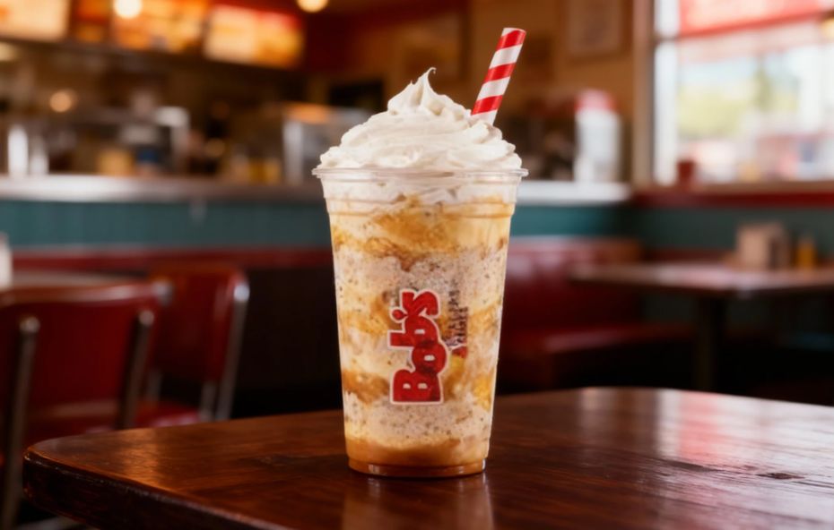 Copo de Milk Shake Caramelo Café do Bob's com chantilly no topo e canudo listrado em vermelho e branco, posicionado sobre mesa de madeira com o interior da lanchonete ao fundo.