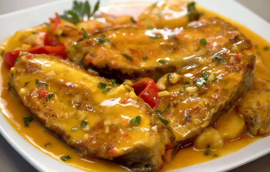 Postas de peixe cozidas em molho de leite de coco e azeite de dendê, com pimentões e tomates, servidas em uma travessa branca com coentro fresco.