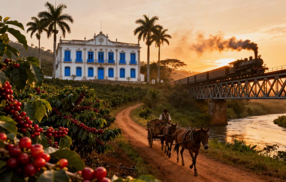 Fotografia realista de uma fazenda histórica do Vale do Café com casarão branco de janelas azuis ao fundo sob luz do pôr do sol. No primeiro plano estão pés de café com frutos vermelhos e uma carroça de mulas em uma estrada de terra. À direita uma locomotiva a vapor atravessa uma ponte metálica sobre um rio.