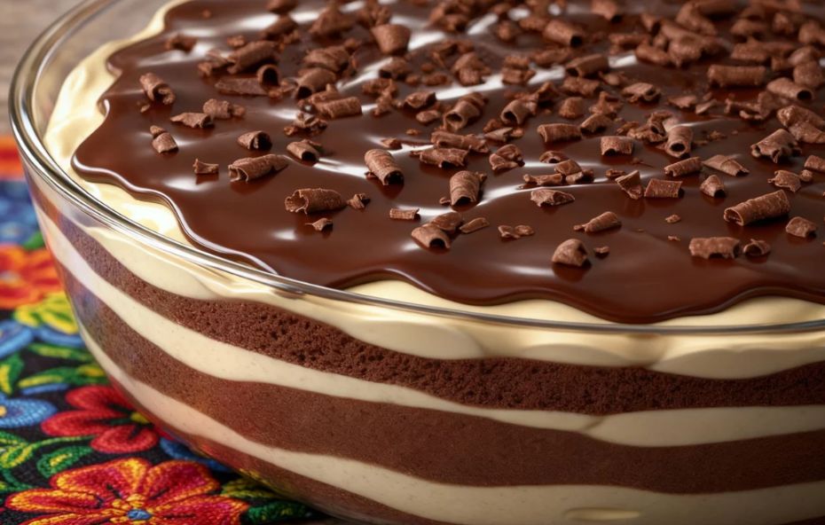 Sobremesa montada em um refratário de vidro transparente, revelando camadas intercaladas de creme de chocolate escuro e creme branco de baunilha, com cobertura de chocolate brilhante e raspas por cima, sobre uma toalha floral colorida.