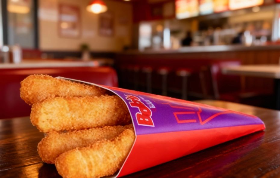 Tirinhas de frango empanadas chamadas Franlitos em uma embalagem de papel roxa e vermelha com o logotipo do Bob's, deitadas sobre uma mesa de madeira em uma lanchonete iluminada.