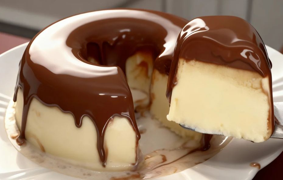 Um pudim de sorvete branco e cremoso com formato circular e furo central, coberto por uma generosa camada de calda de chocolate brilhante que escorre pelas laterais sobre um prato branco. Uma fatia está sendo levantada por uma espátula, revelando a textura interna aerada da sobremesa.