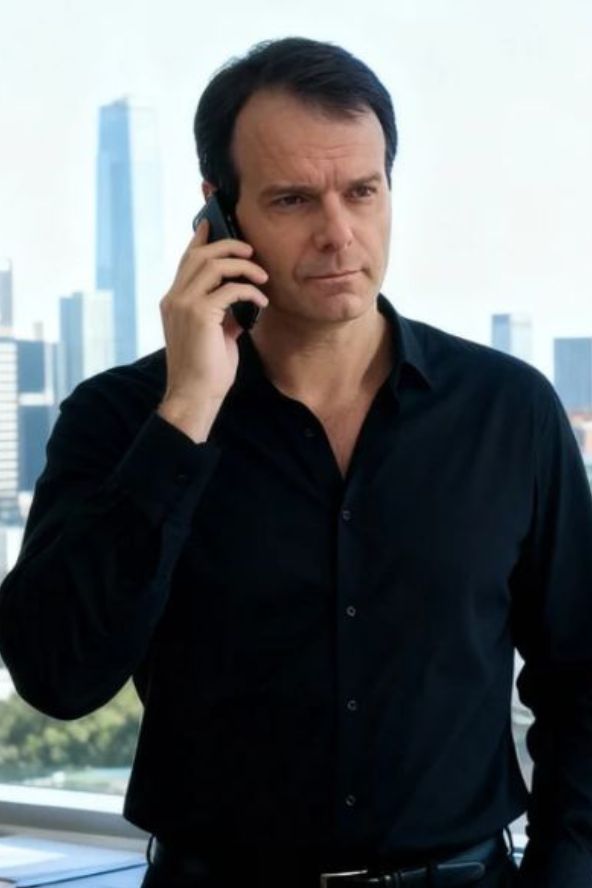 Homem de pele clara e cabelos escuros vestindo uma camisa social preta enquanto segura um celular próximo ao ouvido com um fundo desfocado de grandes edifícios urbanos.