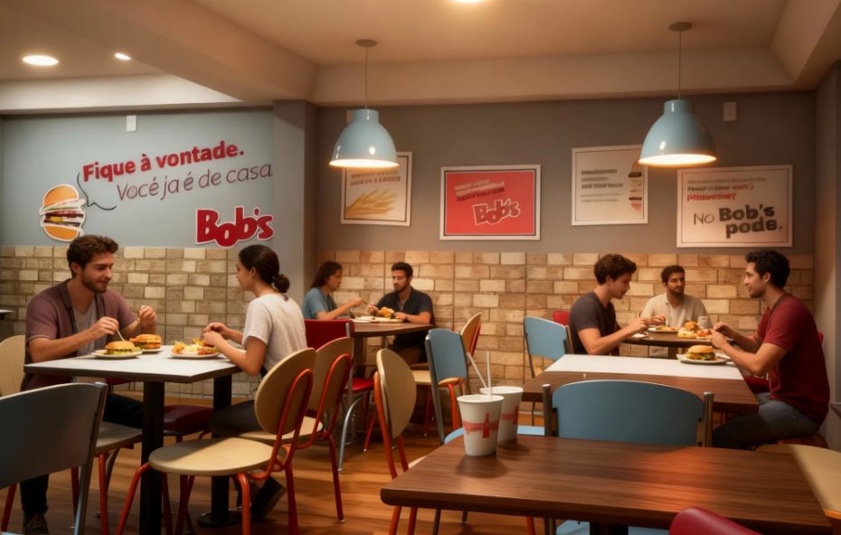 Pessoas sentadas em mesas de uma lanchonete moderna com luminárias azuis pendentes, paredes decoradas com tijolos aparentes, quadros promocionais e a frase Fique à vontade você já é de casa escrita ao lado do logotipo da marca.