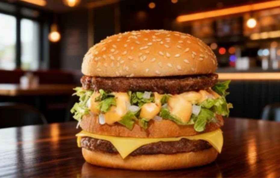 Hambúrguer Big Bob em destaque sobre mesa de madeira escura com pão de gergelim, duas carnes bovinas grelhadas, fatia de queijo amarelo, alface picada, cebola fresca e o exclusivo molho Big Bob em ambiente de lanchonete.