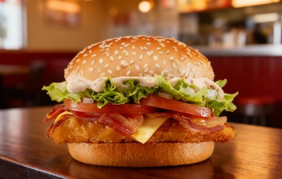 Hambúrguer de frango Chicken Bacon de Responsa em close sobre mesa de madeira, apresentando pão de gergelim, duas tiras de frango empanadas, fatias de bacon crocante, tomate, queijo derretido, alface e molho cremoso em ambiente de lanchonete.