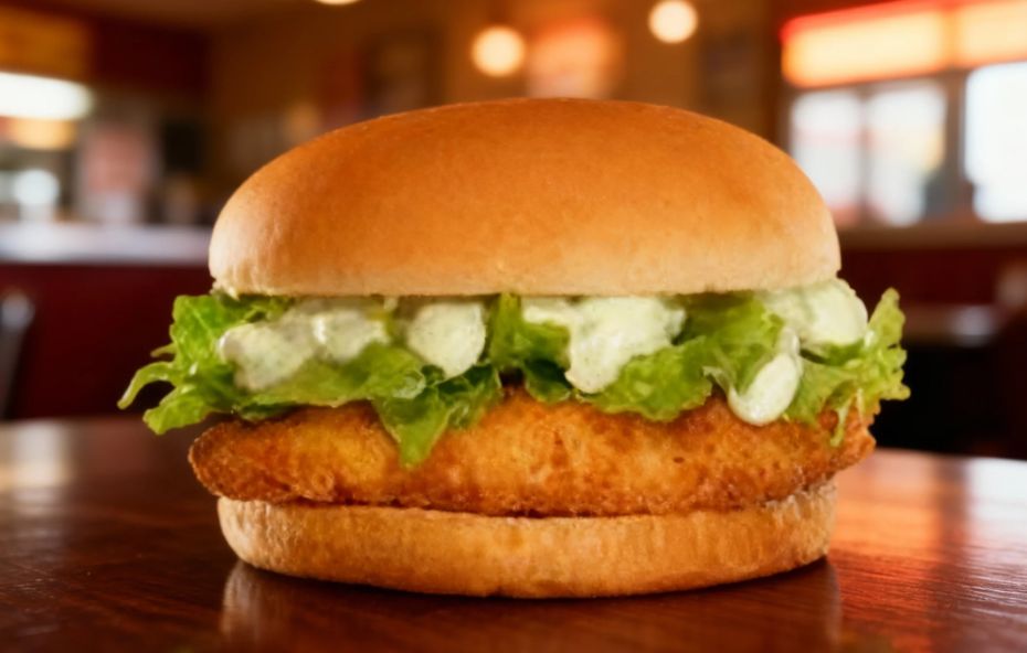 Hambúrguer de frango Chicken Crispy em close sobre mesa de madeira escura com pão liso e macio, um filé de frango empanado e dourado, alface verde fresca e maionese verde cremosa em ambiente de lanchonete.