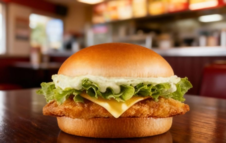 Hambúrguer de frango Chicken Filé Jr. em close sobre mesa de madeira escura com pão liso e brilhante, filé de frango empanado e dourado, fatia de queijo derretido, alface crespa e maionese clara em ambiente de lanchonete.