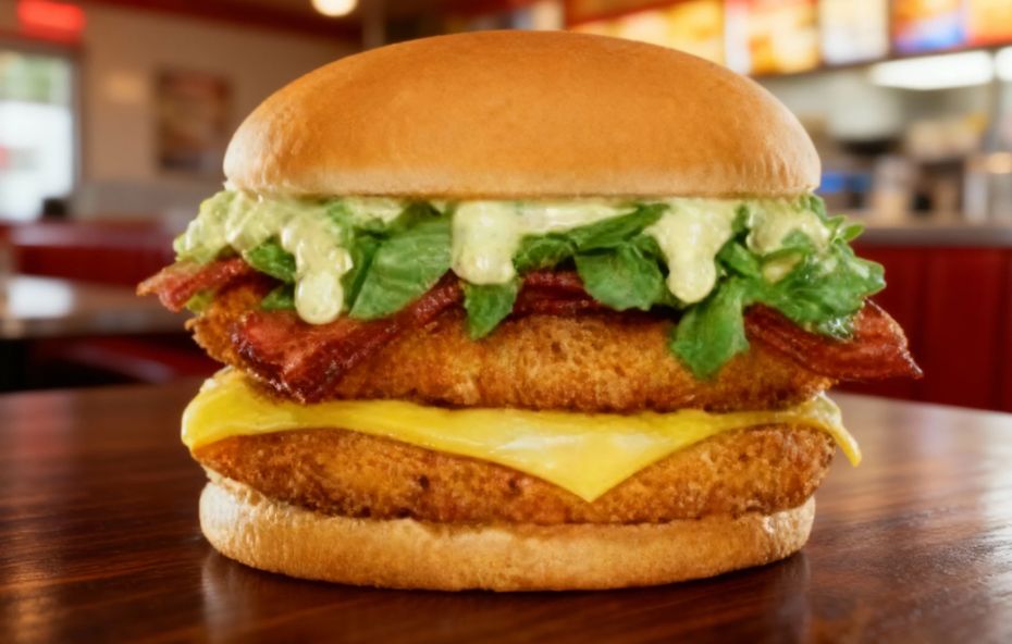 Hambúrguer de frango Crispy Bacon em close sobre mesa de madeira, apresentando pão liso e macio, dois filés de frango empanados e dourados, fatias de bacon, queijo derretido, alface e maionese verde escorrendo em ambiente de lanchonete.