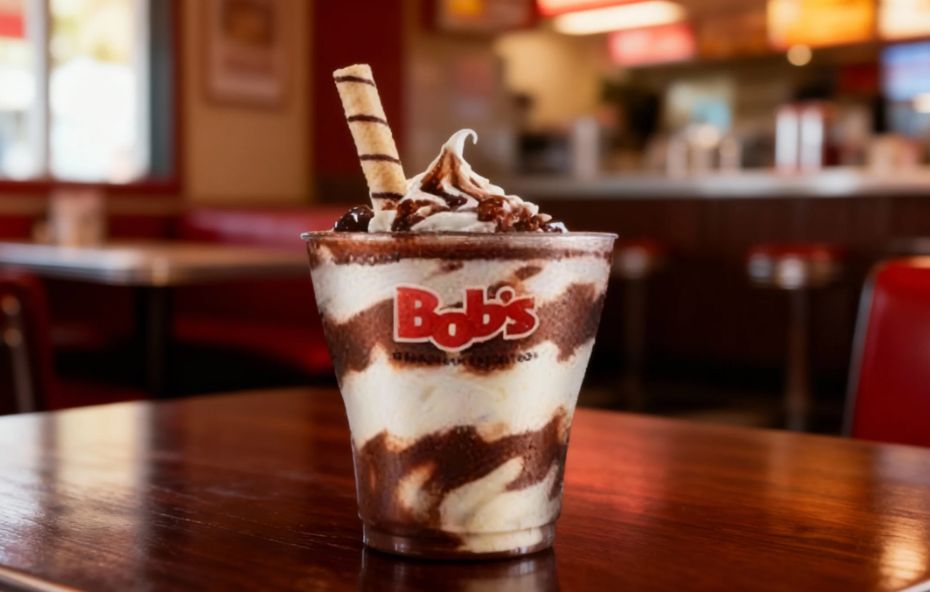 Sobremesa gelada Sundae Ovomaltine em copo transparente com camadas de sorvete de baunilha e calda de chocolate, finalizada com flocos crocantes de Ovomaltine e um tubete de wafer, posicionada sobre mesa de madeira em ambiente de lanchonete.